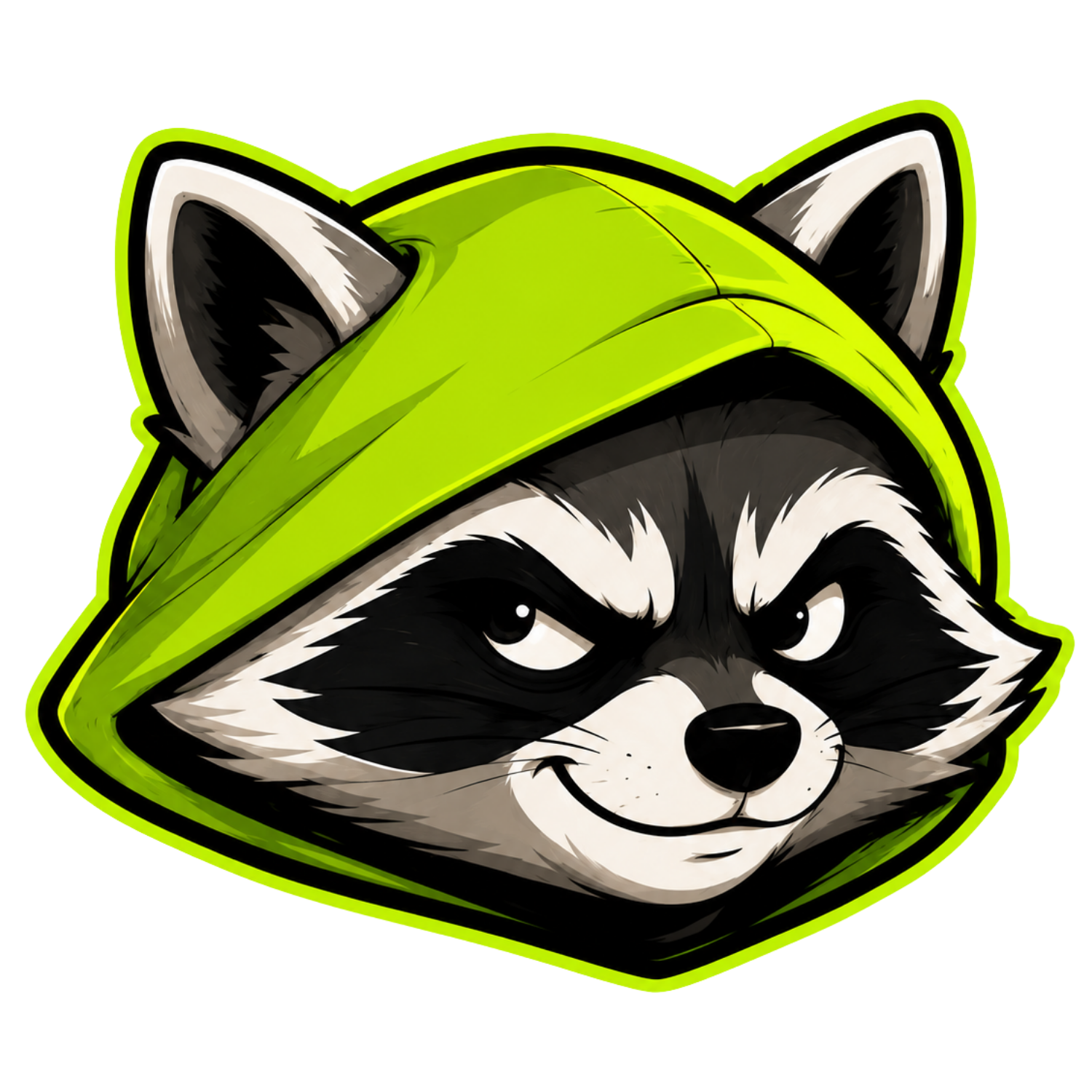 Bandit raccoon mascot head in a lime hood.