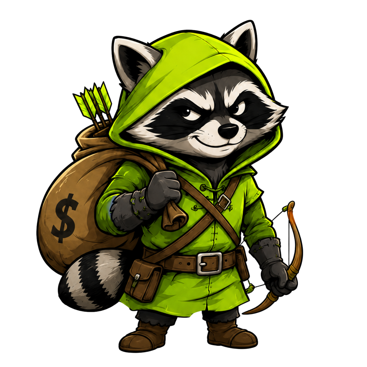 Bandit, a hooded raccoon outlaw carrying a bow and loot sack.